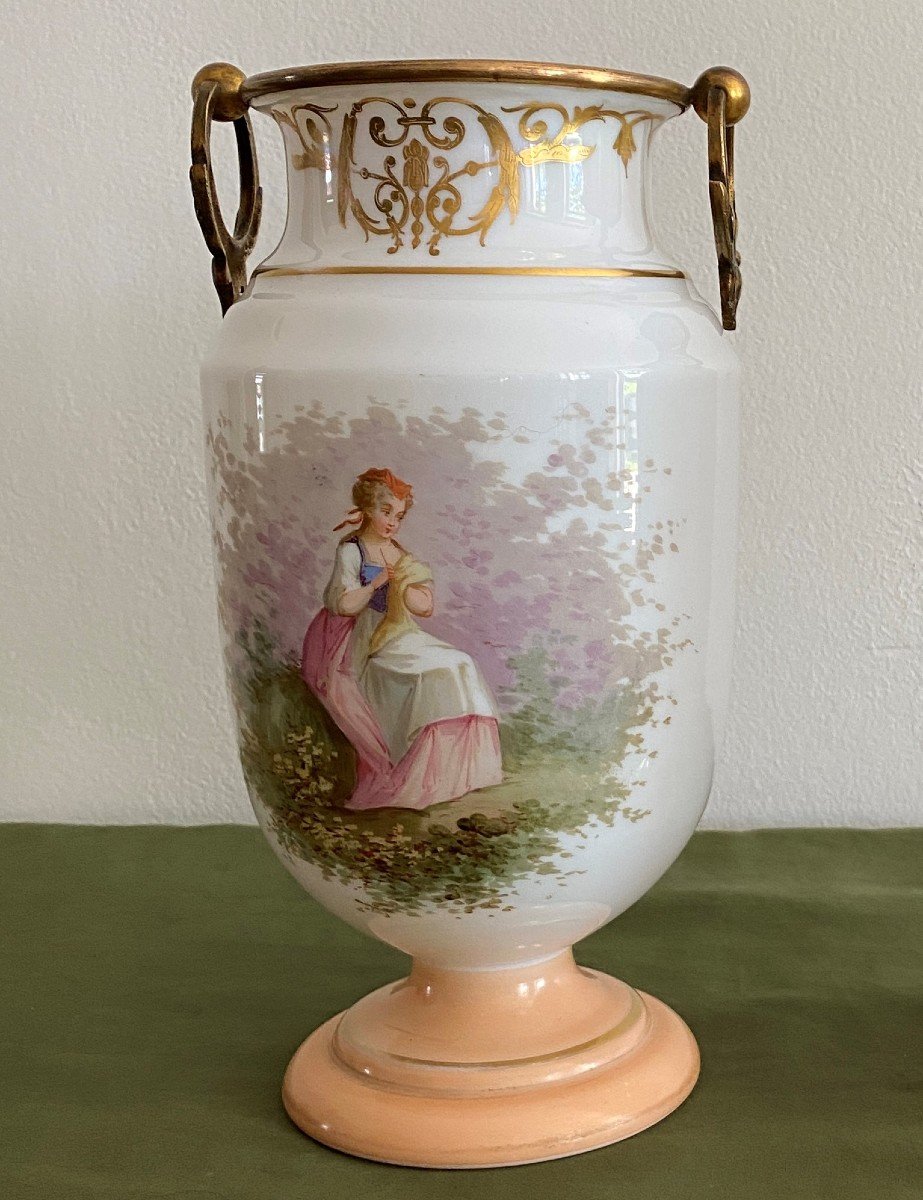 Paire De Vases En Opaline Cerclés De Bronze Et Rehaussé d'Or  XIX ème-photo-2