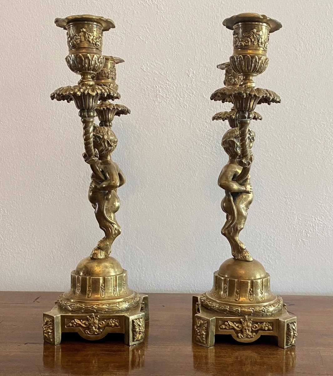 Pair Of Candlesticks With Fauns In Gilt Bronze XIX-photo-1