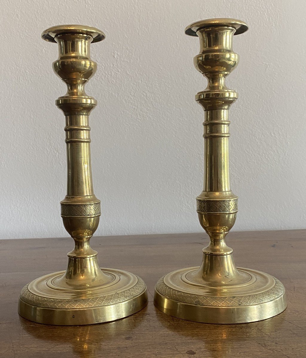 Pair Of Chiseled Bronze Candlesticks, 19th Century Restoration Period