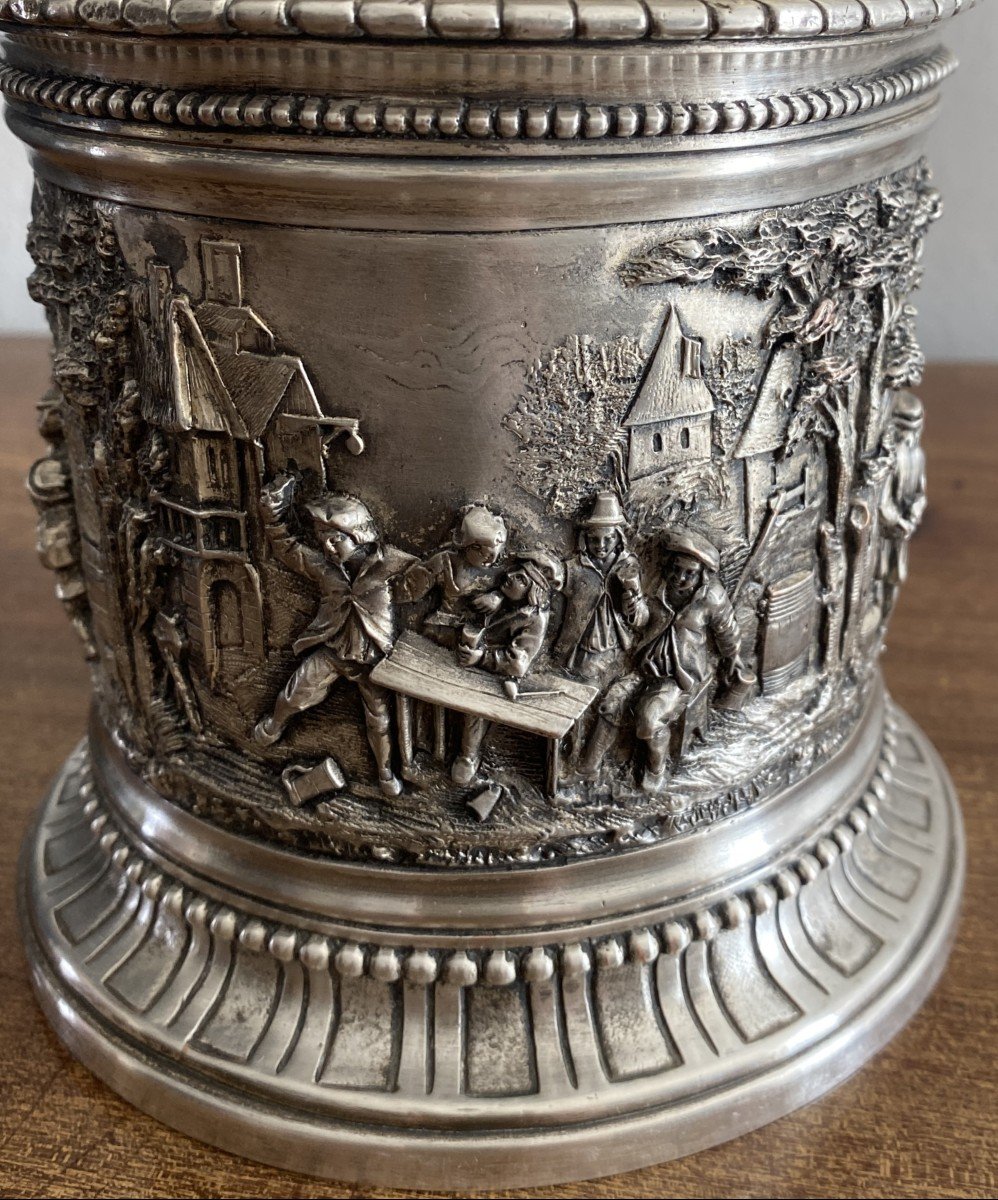 Chiseled Cylindrical Box In Silver Metal Pastoral Decor 19th Century-photo-4