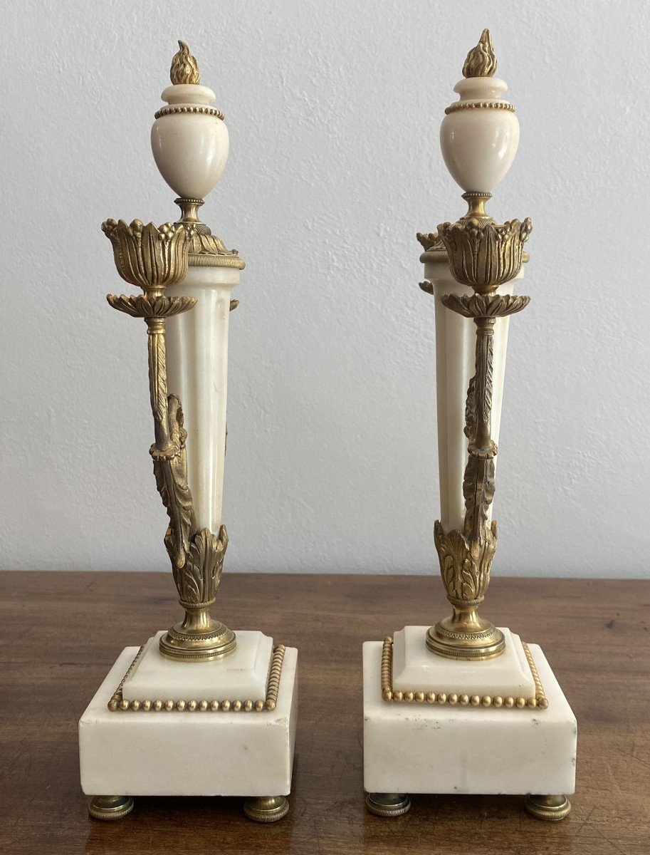 Pair Of Louis XVI Style Candelabra Or Candlesticks In Bronze And Marble 19th Century-photo-1