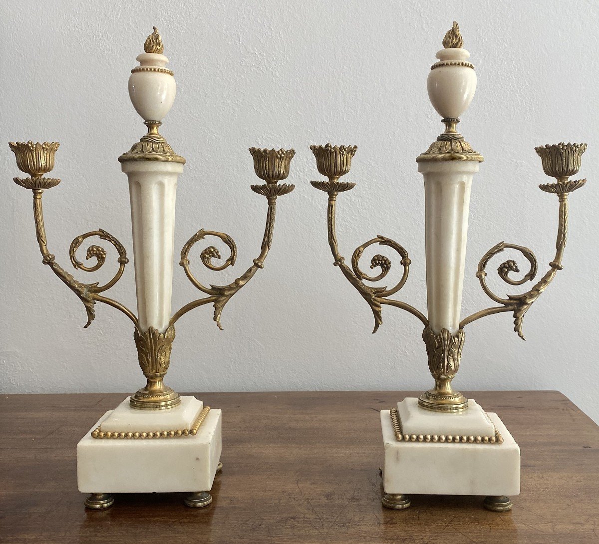 Pair Of Louis XVI Style Candelabra Or Candlesticks In Bronze And Marble 19th Century-photo-2