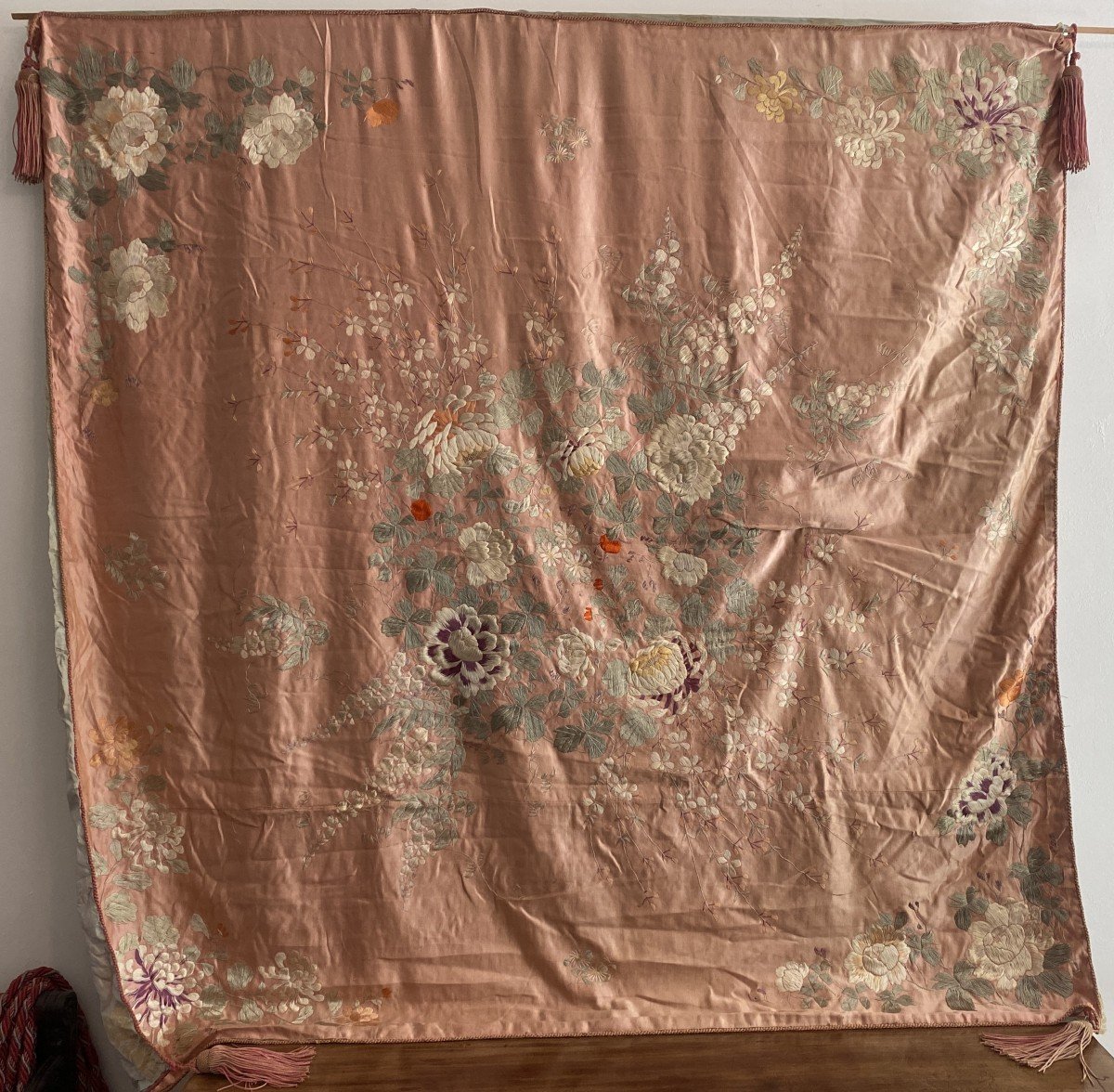 Asian Pink Silk Hanging With Embroidered Peonies-photo-2