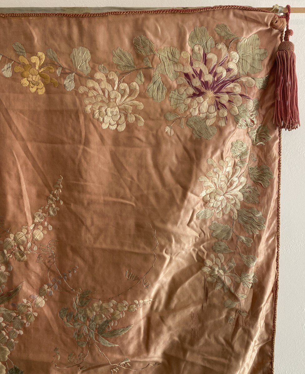 Asian Pink Silk Hanging With Embroidered Peonies-photo-4