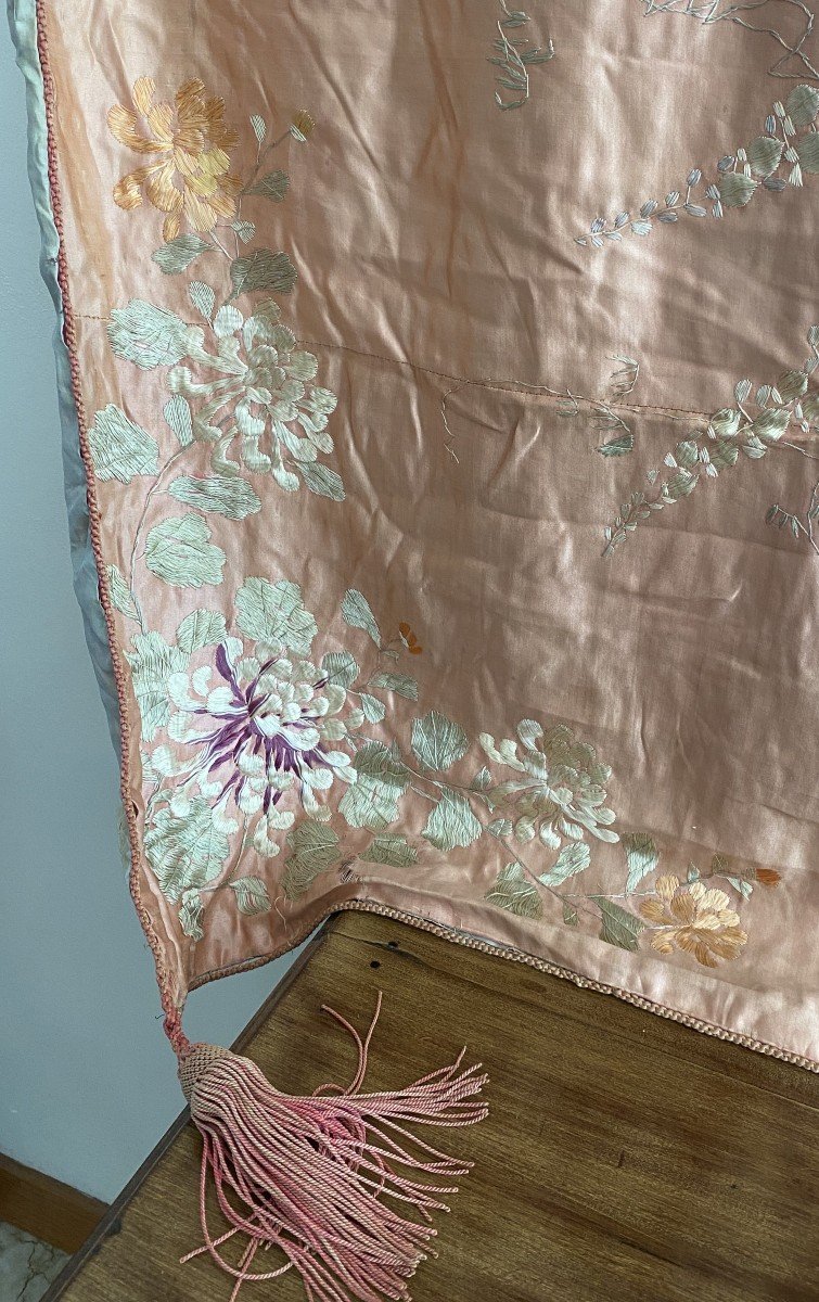 Asian Pink Silk Hanging With Embroidered Peonies-photo-2