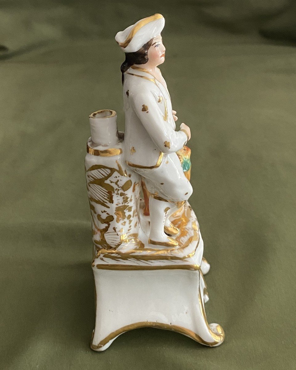 Encrier Porte Plume En Porcelaine Vieux Paris Jeune homme aux fruits XIX ème-photo-2