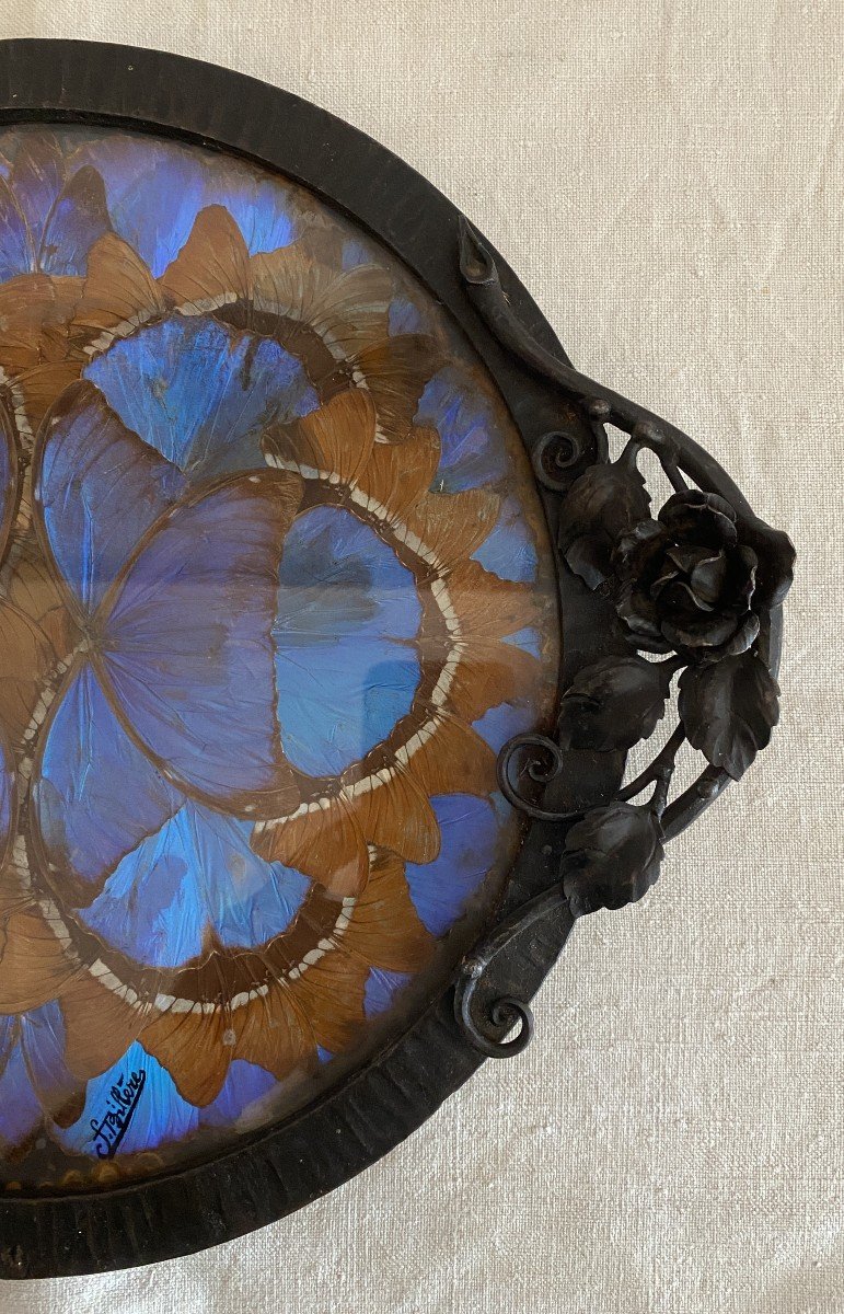 Art Nouveau Tray Or Centerpiece Wrought Iron And Butterfly Wings 20th Century-photo-4