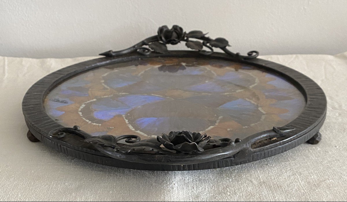 Art Nouveau Tray Or Centerpiece Wrought Iron And Butterfly Wings 20th Century-photo-3