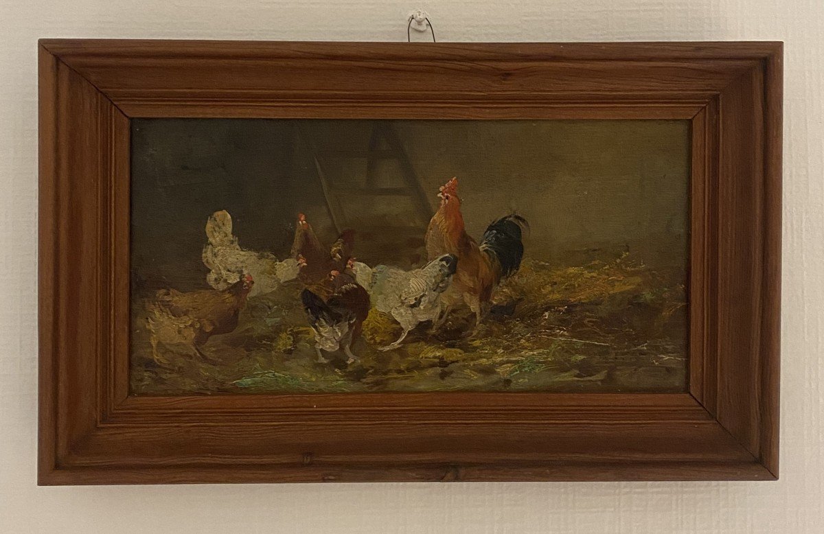 Oil Painting On Panel Rooster And Hens On The Farm 19th Century-photo-2