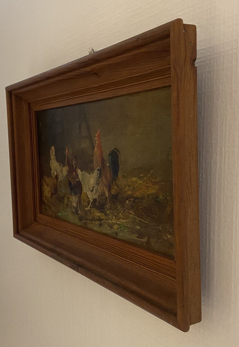 Oil Painting On Panel Rooster And Hens On The Farm 19th Century-photo-1