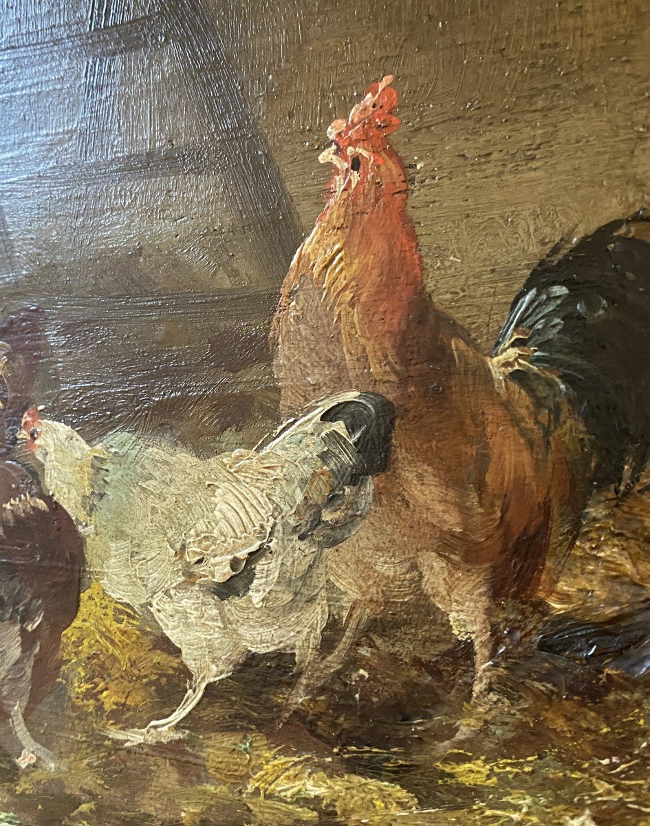 Oil Painting On Panel Rooster And Hens On The Farm 19th Century-photo-3