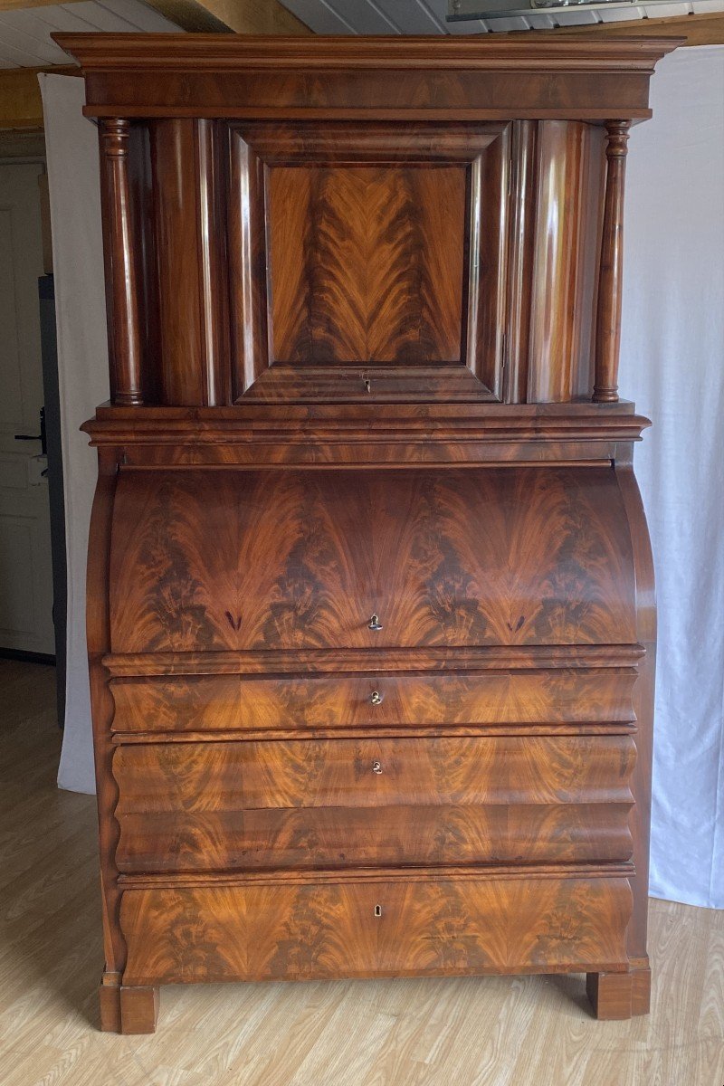 Scriban Desk Cylinder In Flamed Mahogany Biedermeier 19th -photo-2