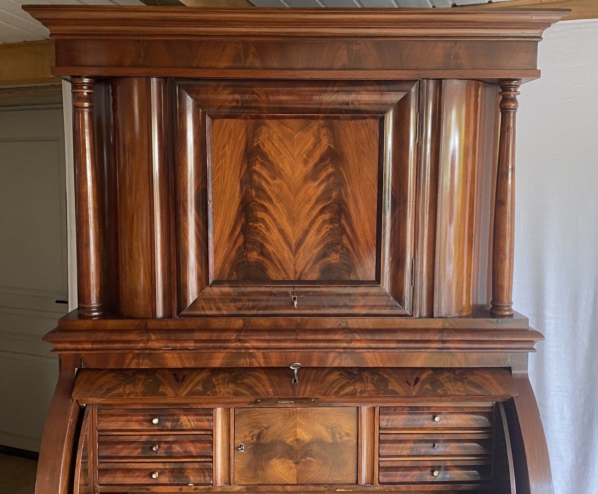 Scriban Desk Cylinder In Flamed Mahogany Biedermeier 19th -photo-4