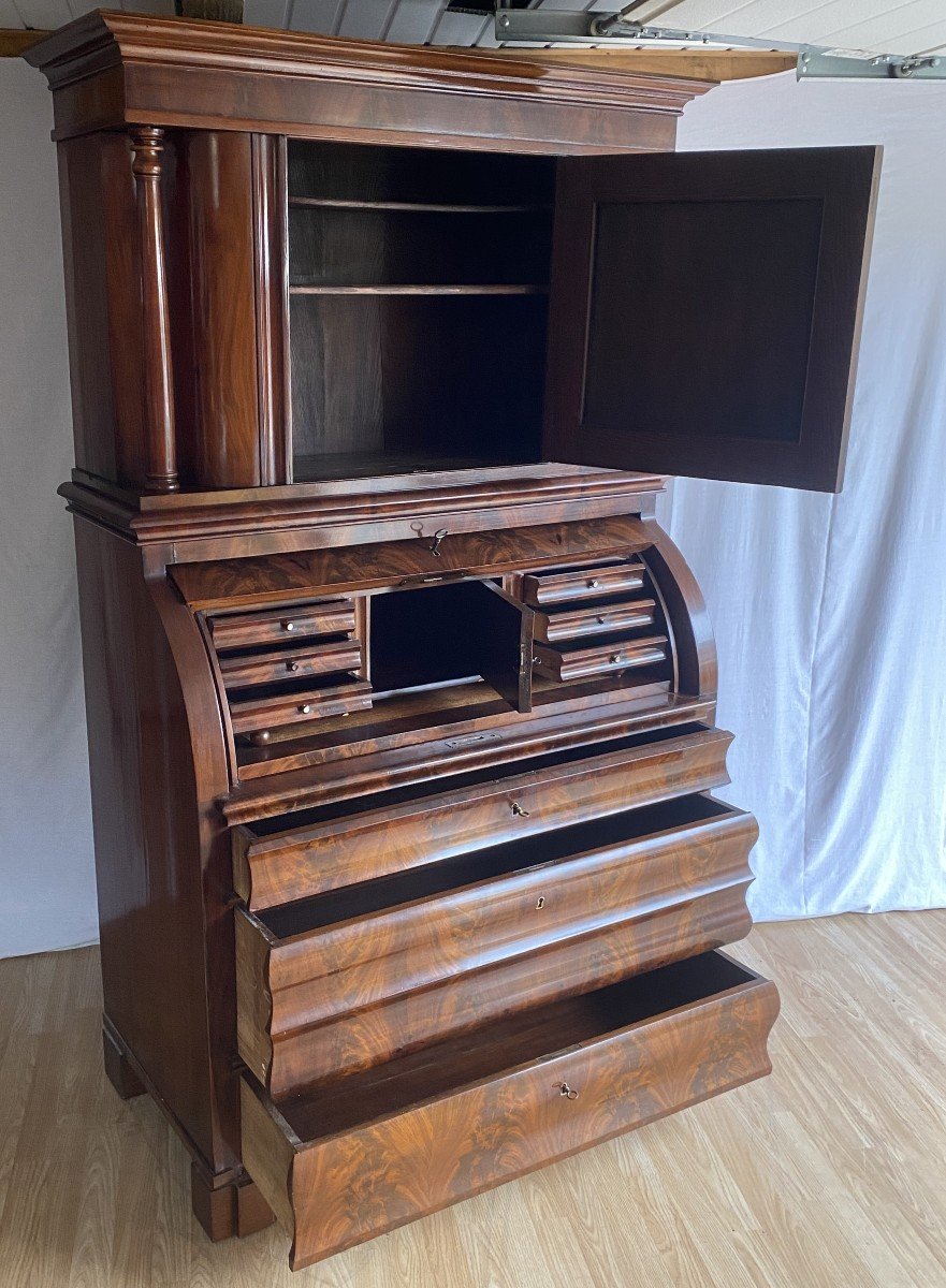 Scriban Desk Cylinder In Flamed Mahogany Biedermeier 19th -photo-1