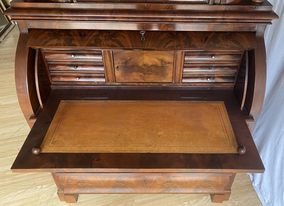 Scriban Desk Cylinder In Flamed Mahogany Biedermeier 19th -photo-5