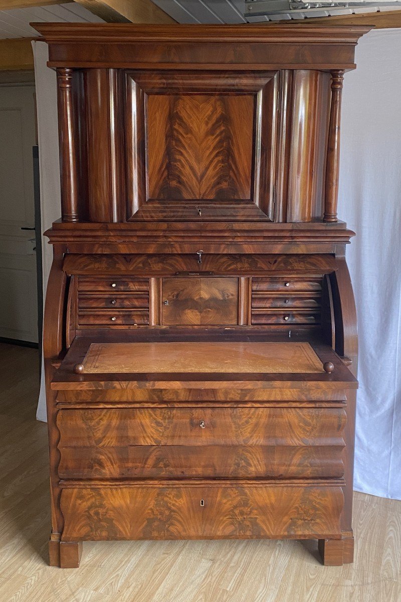 Scriban Desk Cylinder In Flamed Mahogany Biedermeier 19th 