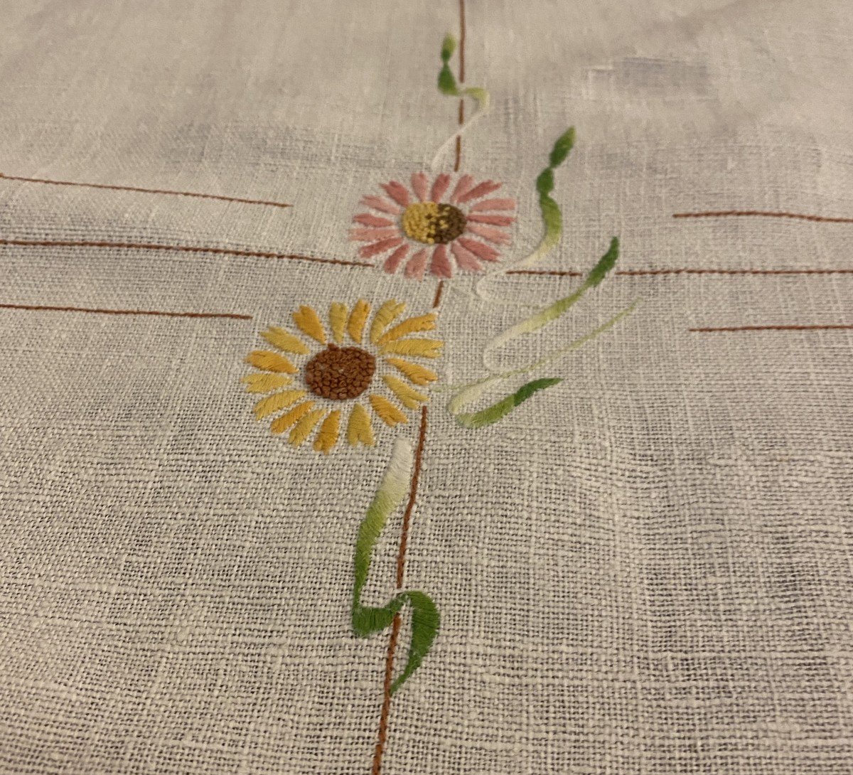 Large Embroidered Linen Tablecloth With Flower Decor, 19th Century