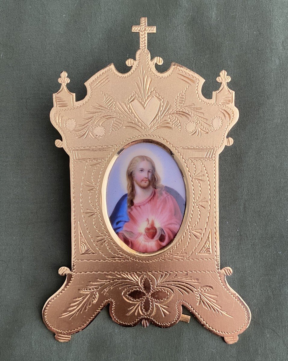 Christ En Porcelaine Dans Un Cadre En Laiton Doré XIX ème-photo-1