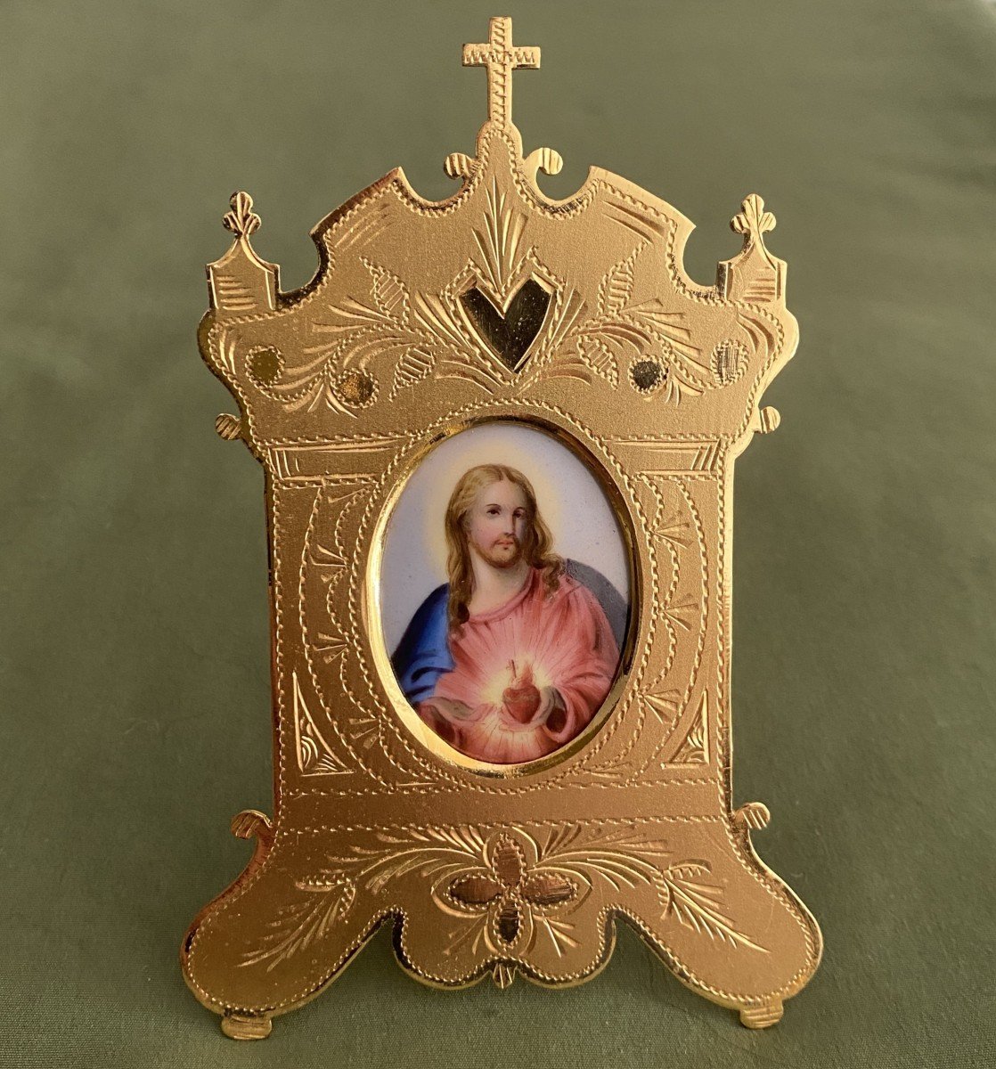 Christ En Porcelaine Dans Un Cadre En Laiton Doré XIX ème