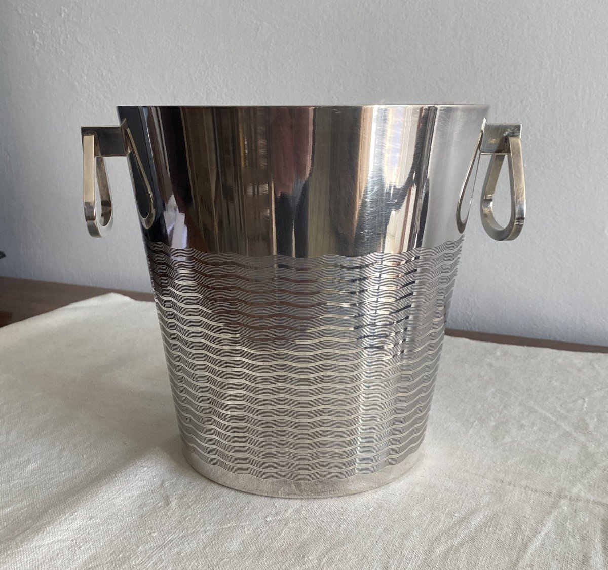 Art Deco Champagne Bucket Cooler In Silver Metal 20th Century-photo-2