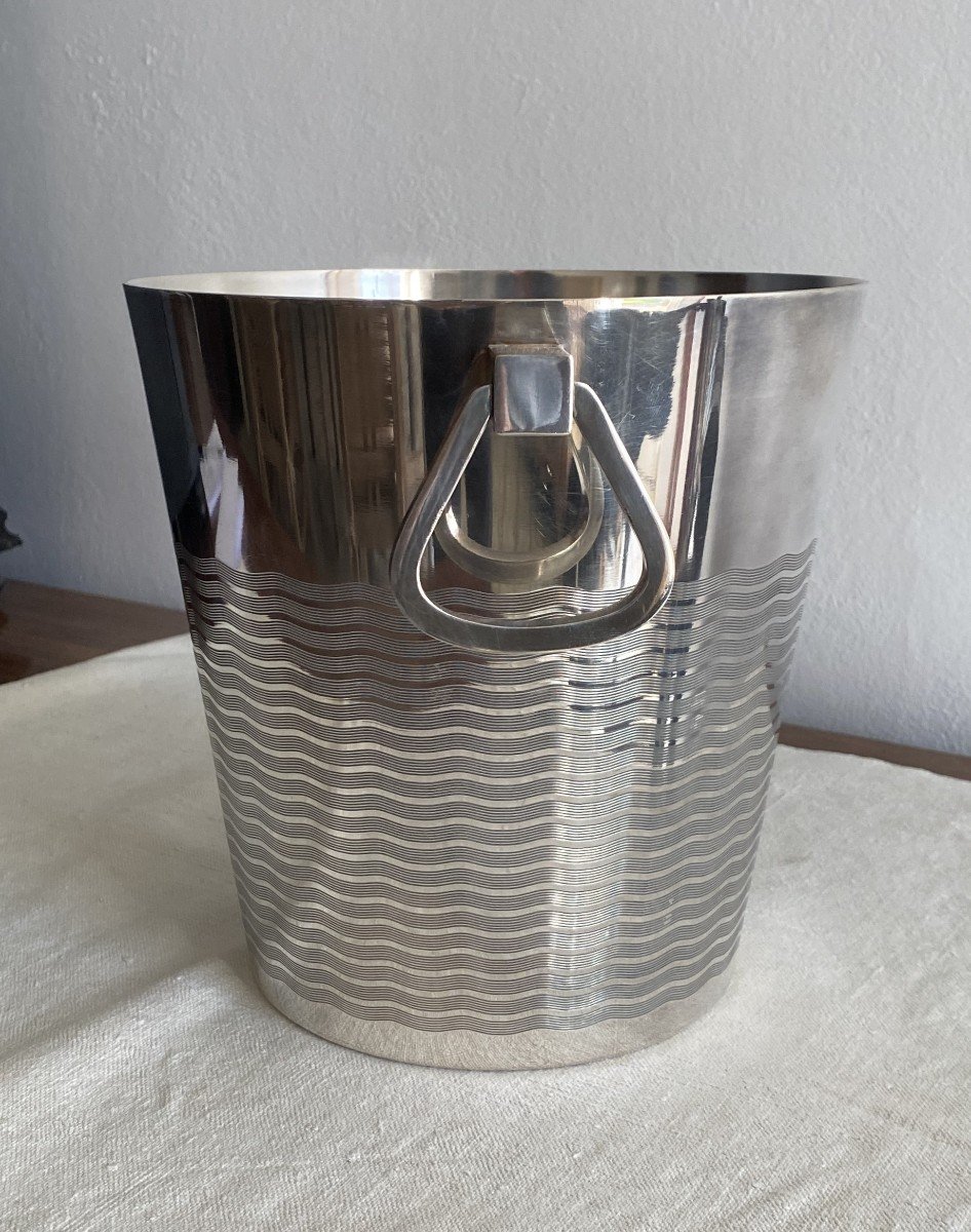 Art Deco Champagne Bucket Cooler In Silver Metal 20th Century-photo-3