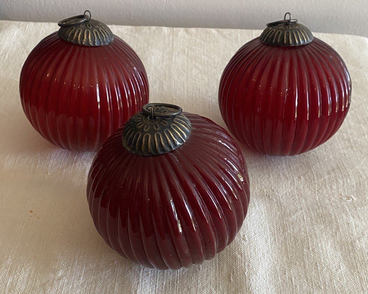 3 19th Century Fluted Christmas Balls With Brass Fasteners