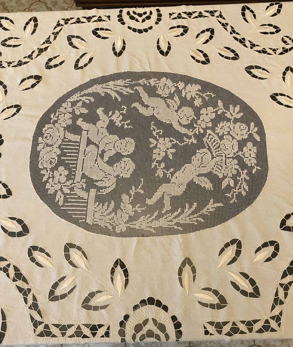 Bedspread Or Tablecloth Richelieu Putti Embroidery 19th Century-photo-4