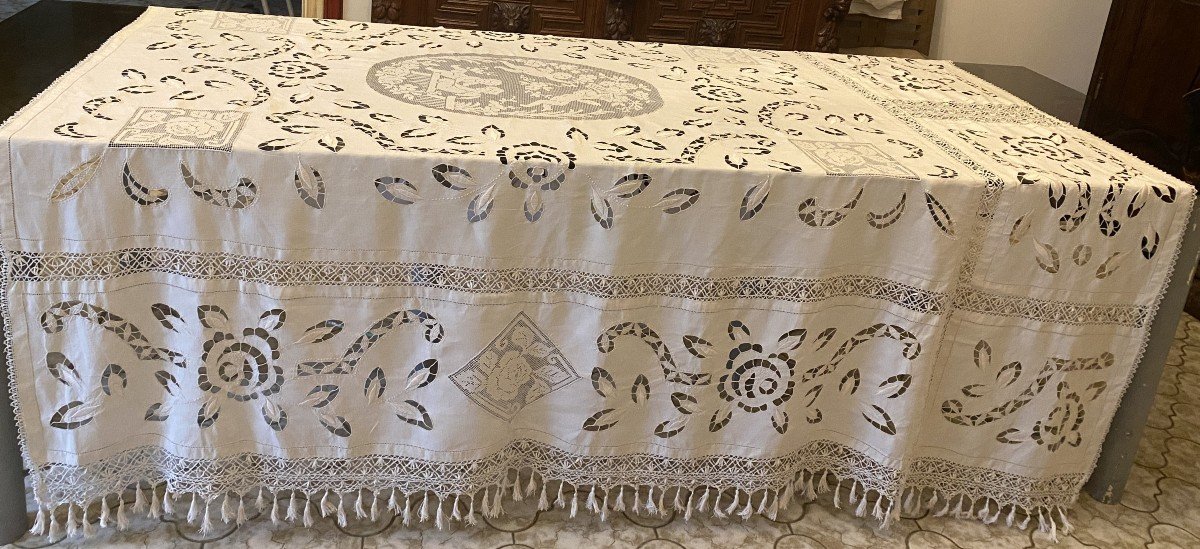 Bedspread Or Tablecloth Richelieu Putti Embroidery 19th Century-photo-3