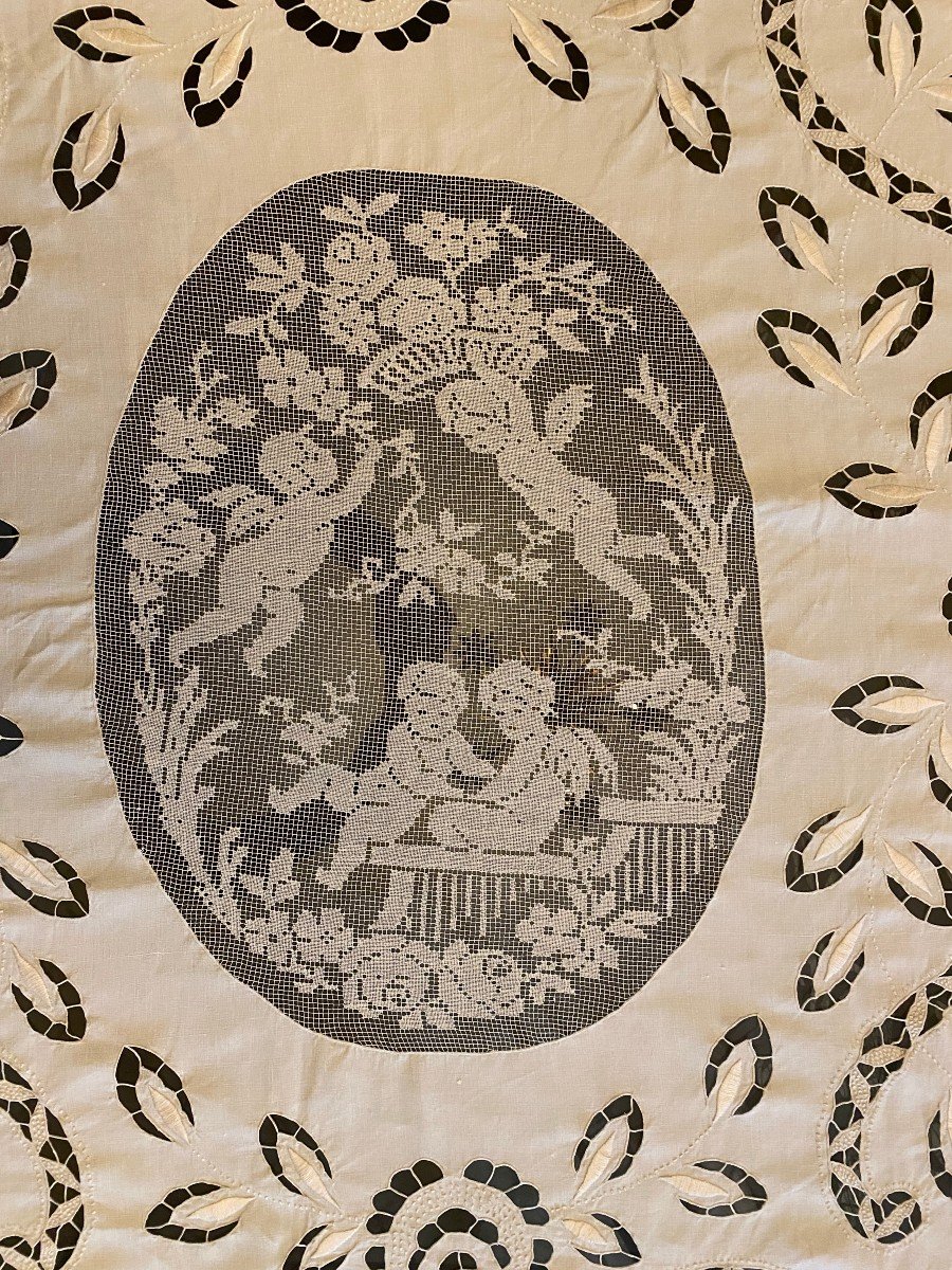 Dessus De Lit Ou Nappe Broderie Richelieu Putti XIX ème