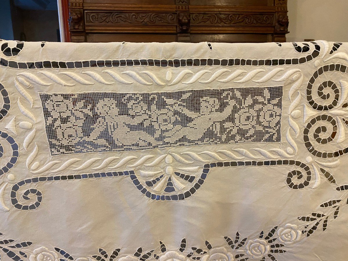 19th Century Richelieu And Bourbon Embroidery Bedspread Or Tablecloth -photo-6