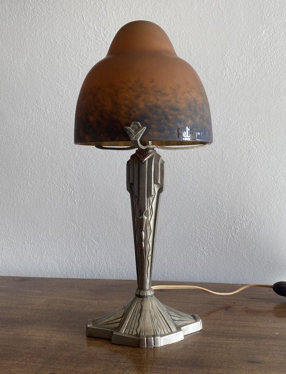 Art Deco Lamp Signed Rethondes In Silvered Bronze And Glass Paste 20th Century-photo-2