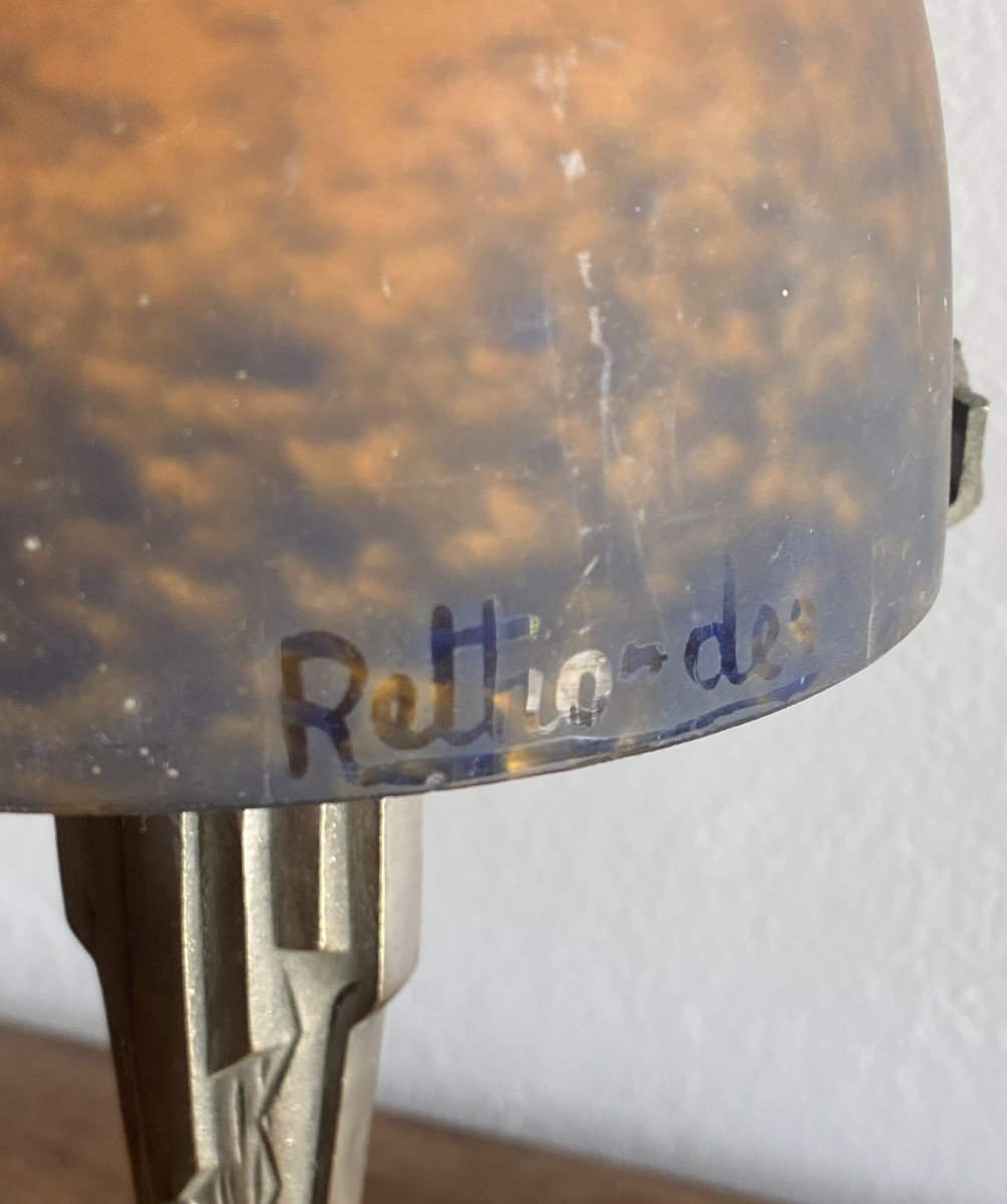 Art Deco Lamp Signed Rethondes In Silvered Bronze And Glass Paste 20th Century-photo-3