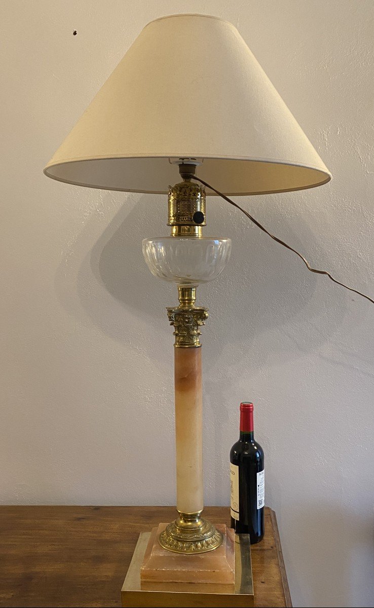 19th Century Onyx And Bronze Oil Column Lamp-photo-2