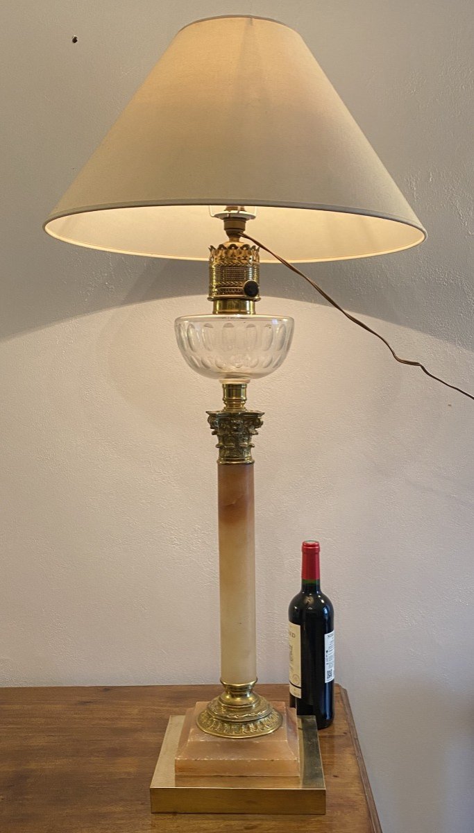 19th Century Onyx And Bronze Oil Column Lamp