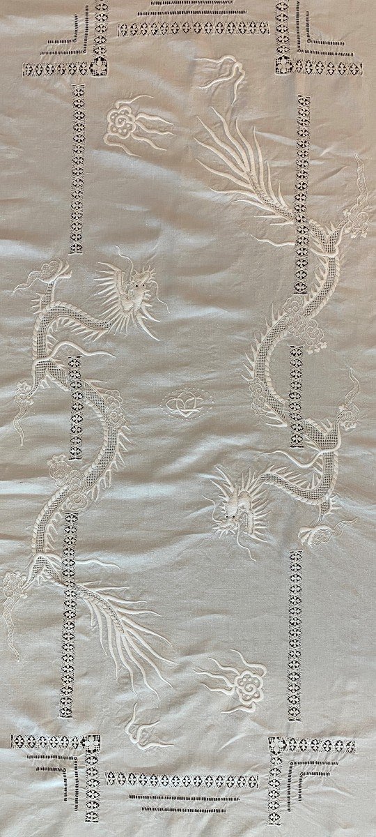 Tablecloth And Its 12 Linen Napkins Embroidered And Monogrammed Bc Indochina Early 20th Century-photo-3