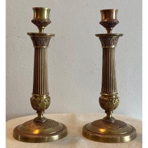 Pair Of Candlesticks In Chiseled Bronze, Empire Period XIX