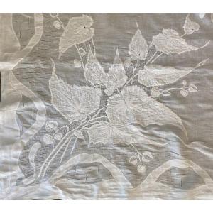 Large Wedding Or Reception Tablecloth And Its 12 Embroidered Linen Thread Napkins Early XX