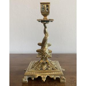 Candlestick With Dolphin And Fleurs De Lys In Gilt Bronze 19th Century