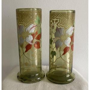 Pair Of Enameled And Gilded Vases With 20th Century Flower Decor