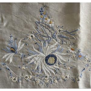 Blue Embroidered Linen Tablecloth With Flowers And Foliage Decor
