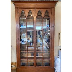 Showcase Or Library In Oak With Stained Glass Lions 19th Century. 