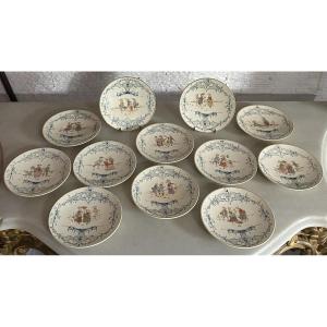 12 Sarreguemines Earthenware Dessert Plates Decorated With 19th Century Characters