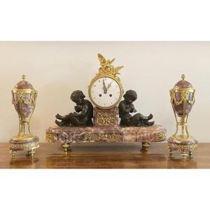 Bronze And Marble Mantel Clock Or Mantelpiece With Its Candlestick Cassolettes, 19th Century