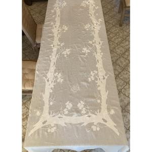 Très Grande Nappe  En Fil De Lin Brodée Fleurs De Cerisier Début XX