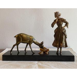 Bronze  Et Albâtre  femme Art Déco Perrette Et Le Pot Au Lait  XX ème