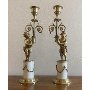 Pair Of Louis XVI Candlesticks Or Candle Holders With Putti In Gilt Bronze, 18th Century