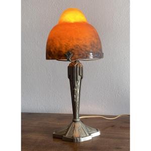 Art Deco Lamp Signed Rethondes In Silvered Bronze And Glass Paste 20th Century