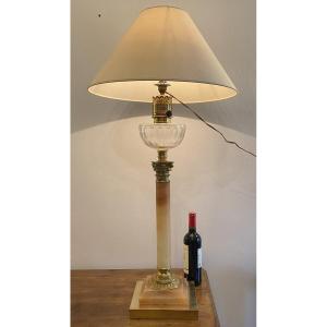 19th Century Onyx And Bronze Oil Column Lamp