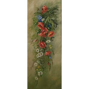 Grand Tableau Huile Sur Toile Bouquet De Fleurs Champêtre du XX ème