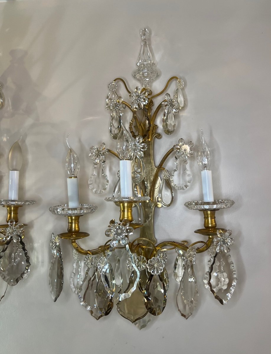 Large Pair Of 3-light Bronze And Crystal Wall Lights -photo-2